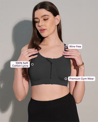 Zipper Sports Cotton Spandex Bra Black