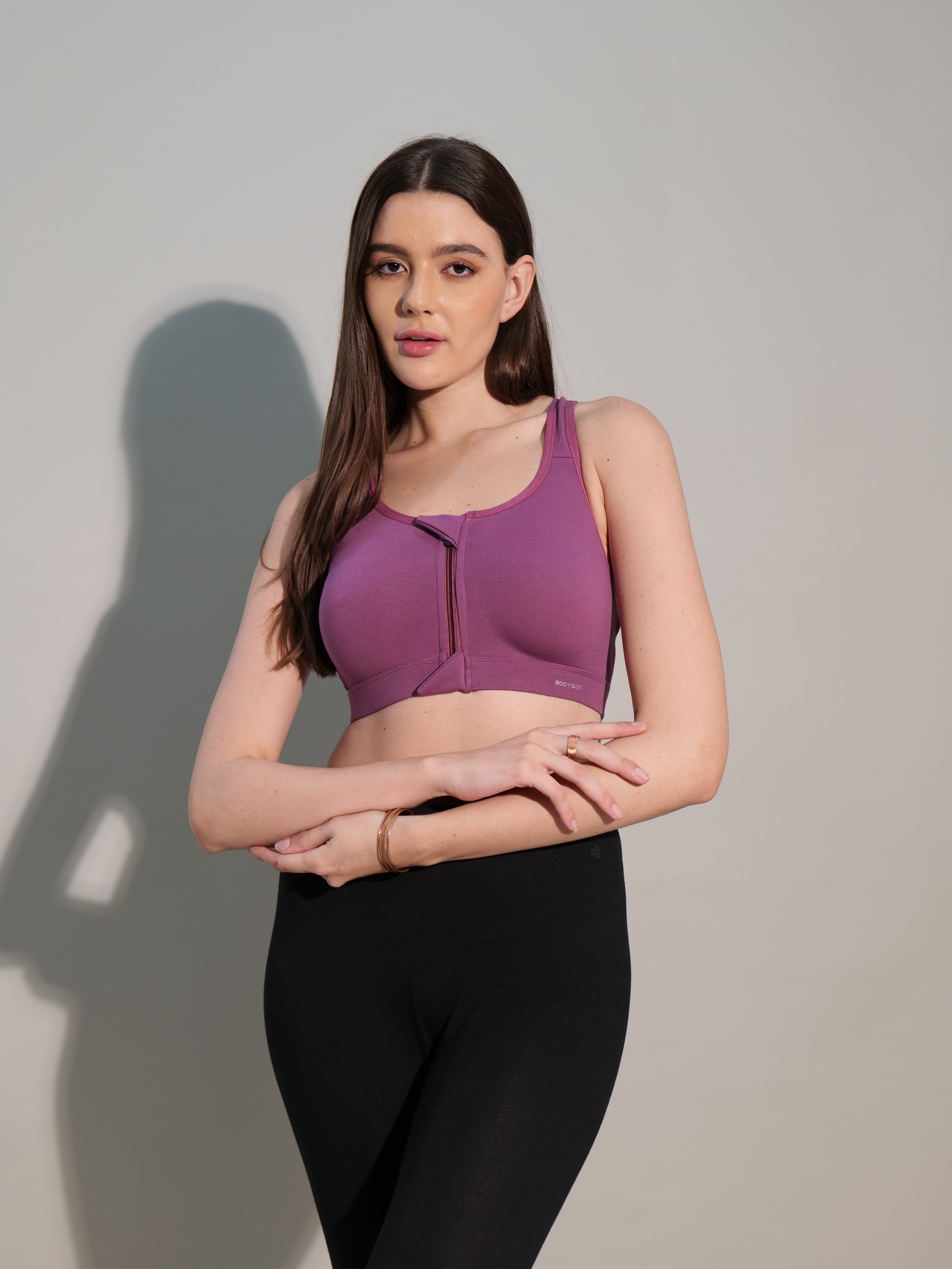 Zipper Sports Cotton Spandex Bra Purple