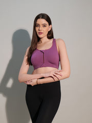 Zipper Sports Cotton Spandex Bra Purple