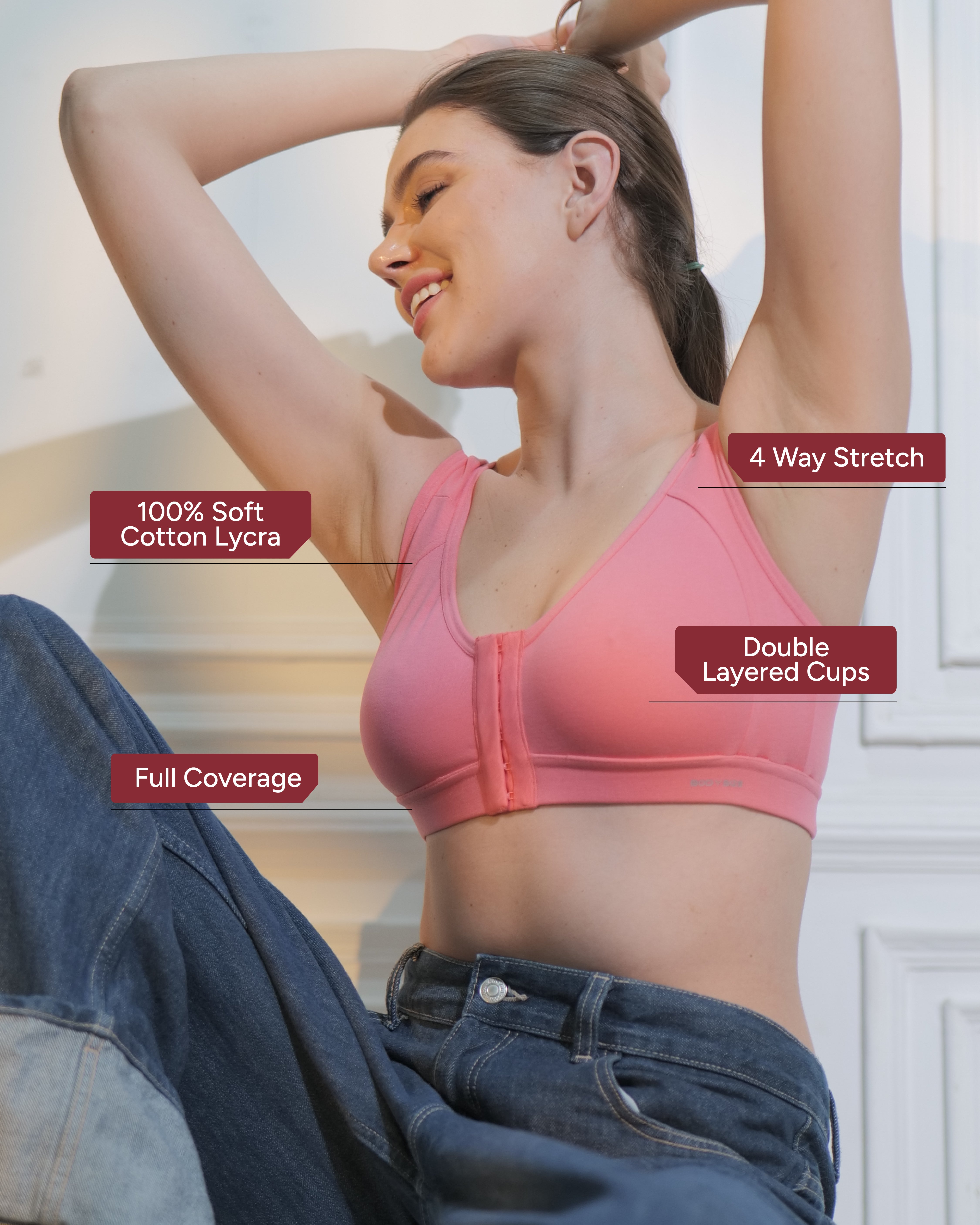 Front Open Active Sports Cotton Spandex Bra pink