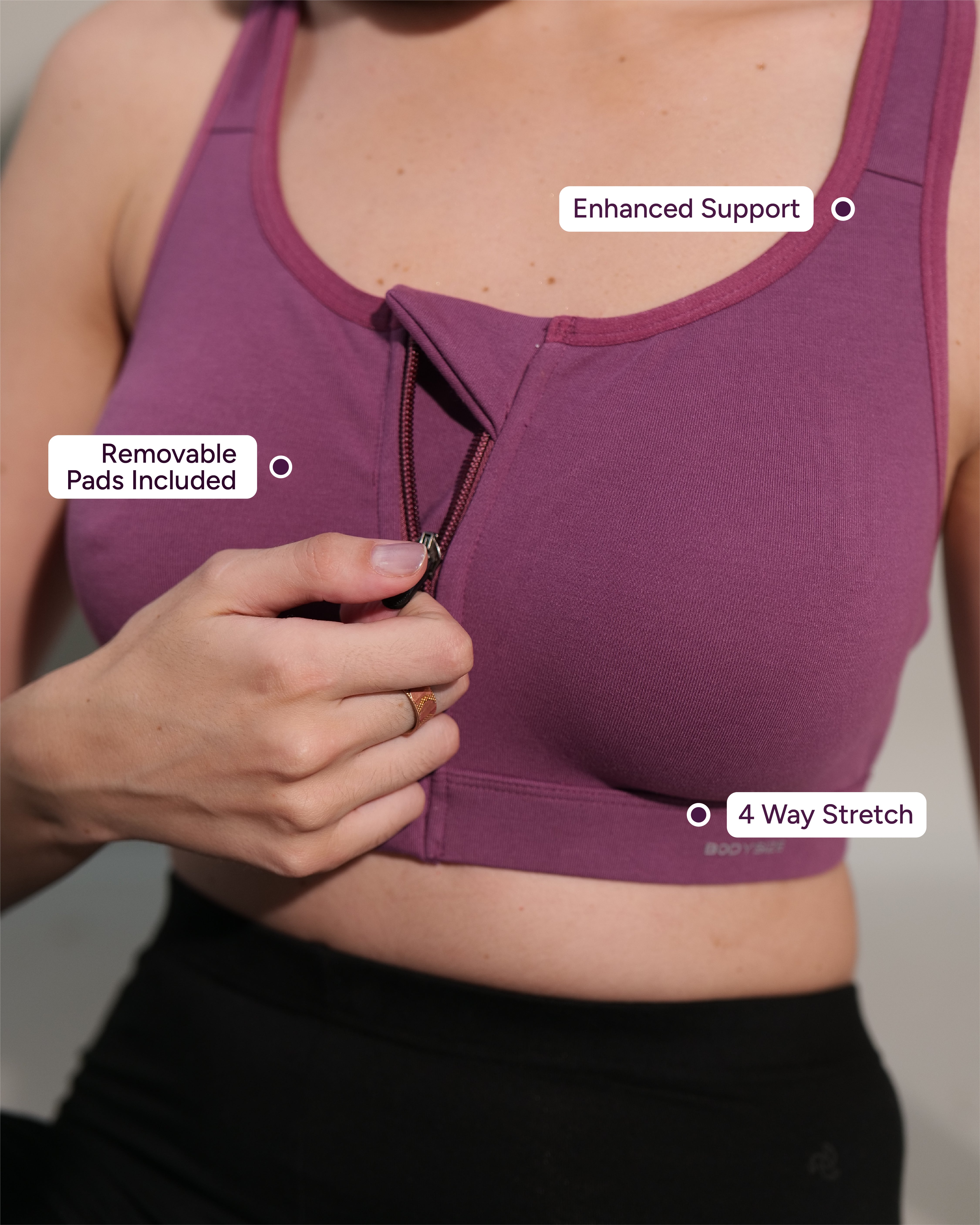 Zipper Sports Cotton Spandex Bra Purple