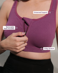 Zipper Sports Cotton Spandex Bra Purple